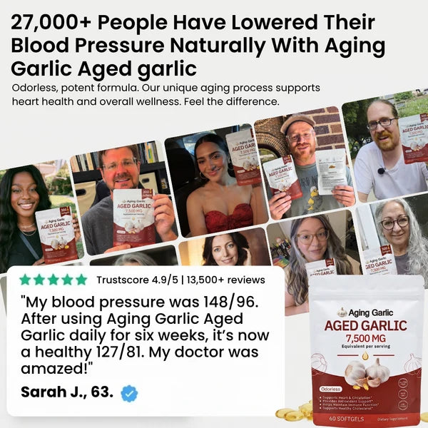 Aged garlic extract promotion collage with product pouch and lowered blood pressure claims