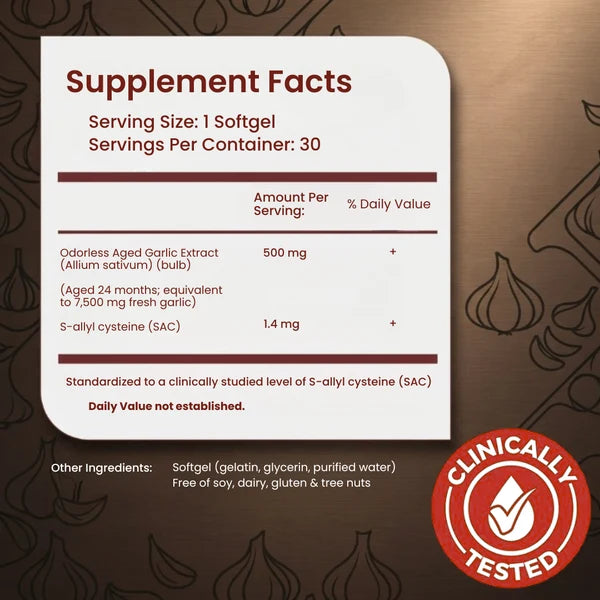 Supplement Facts label for odorless aged garlic extract, 1 softgel serving size