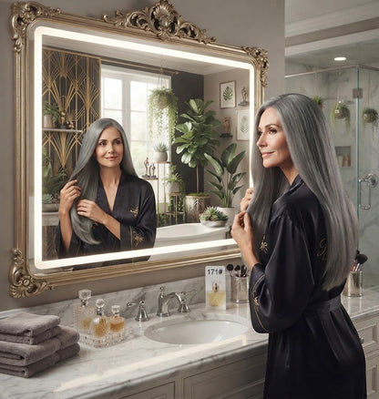 Long gray halo hair extension with sleek straight strands and volume at the back
