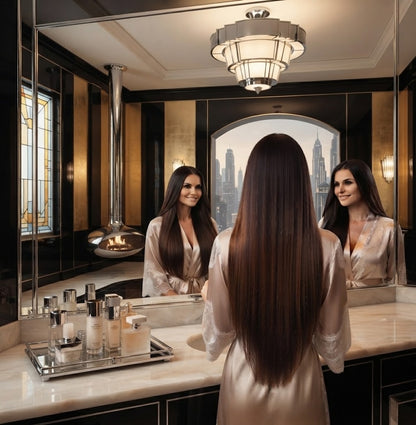 Long dark brown halo hair extension with smooth straight fall down the back