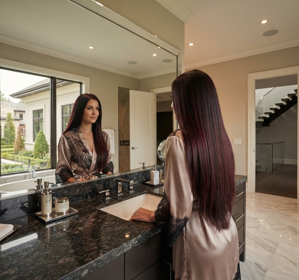 Long dark auburn halo hair extension, straight strands behind the shoulders