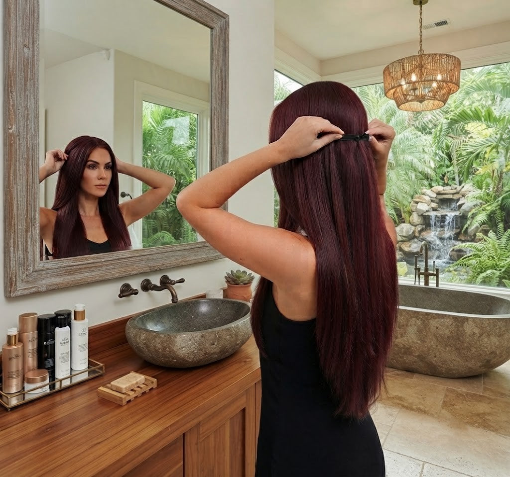 Long deep burgundy hair extension held on head with clips, straight length