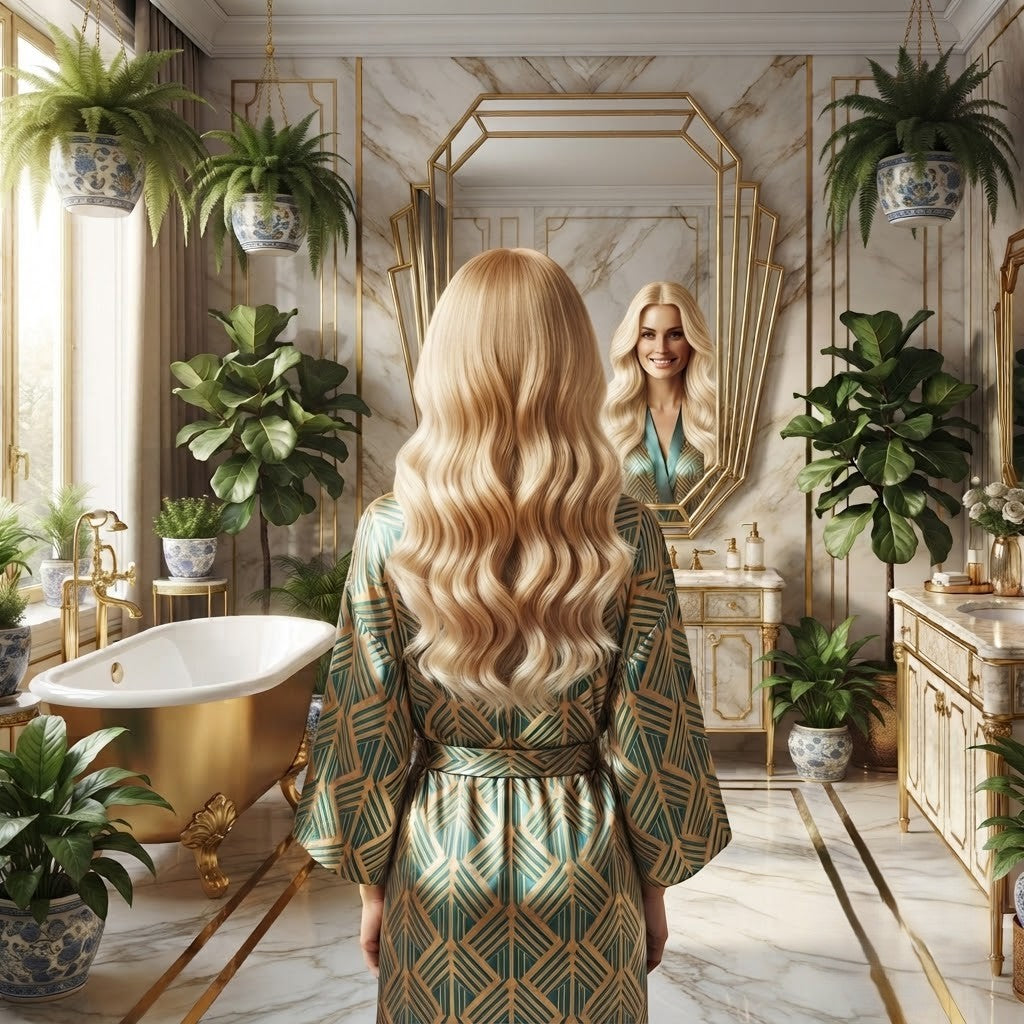 Invisible Halo hair extension with long wavy blonde hair, soft curls
