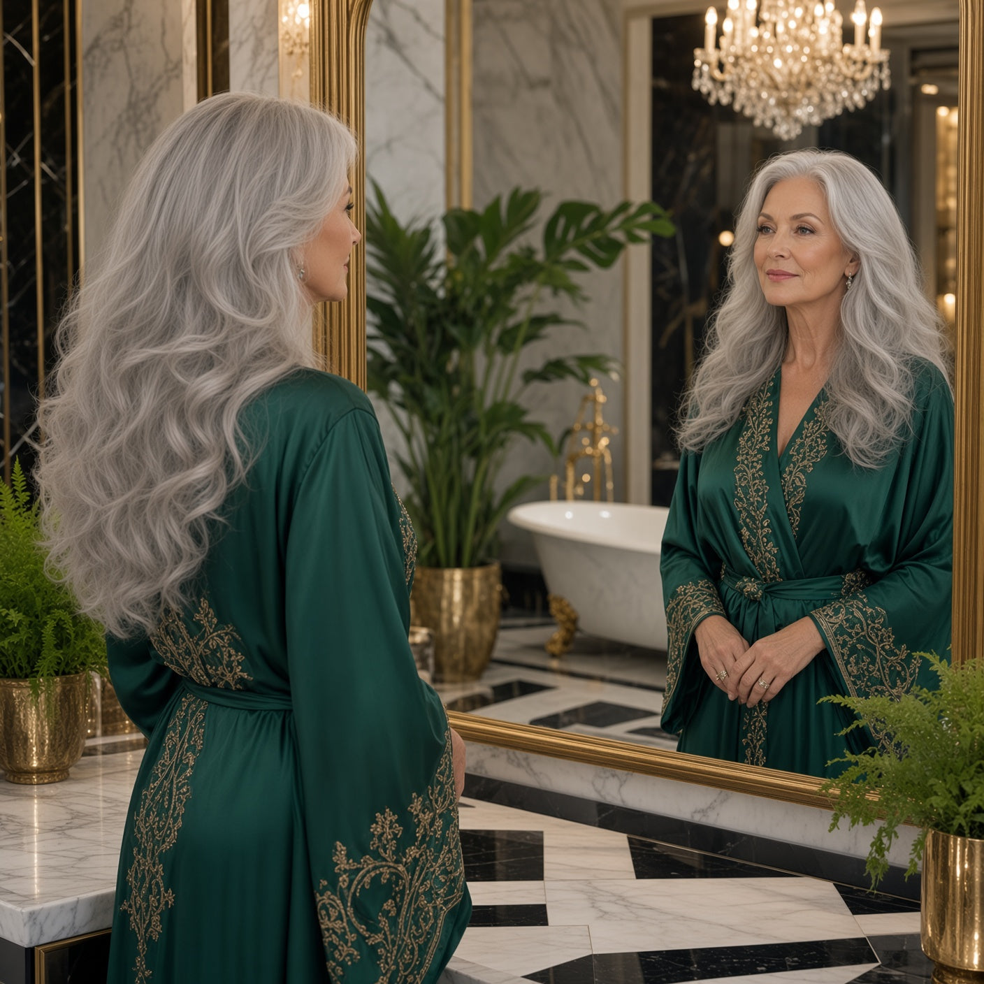 Long gray wavy halo hair extension, side view of worn hair