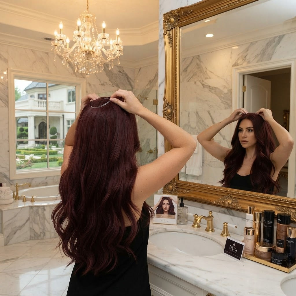 Long burgundy hair extension held by clips at the top, straight length