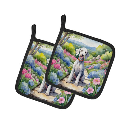 Bedlington Terrier Spring Garden Pair of Pot Holders