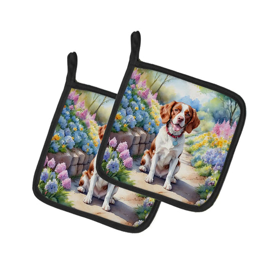 Brittany Spaniel Spring Path Pair of Pot Holders