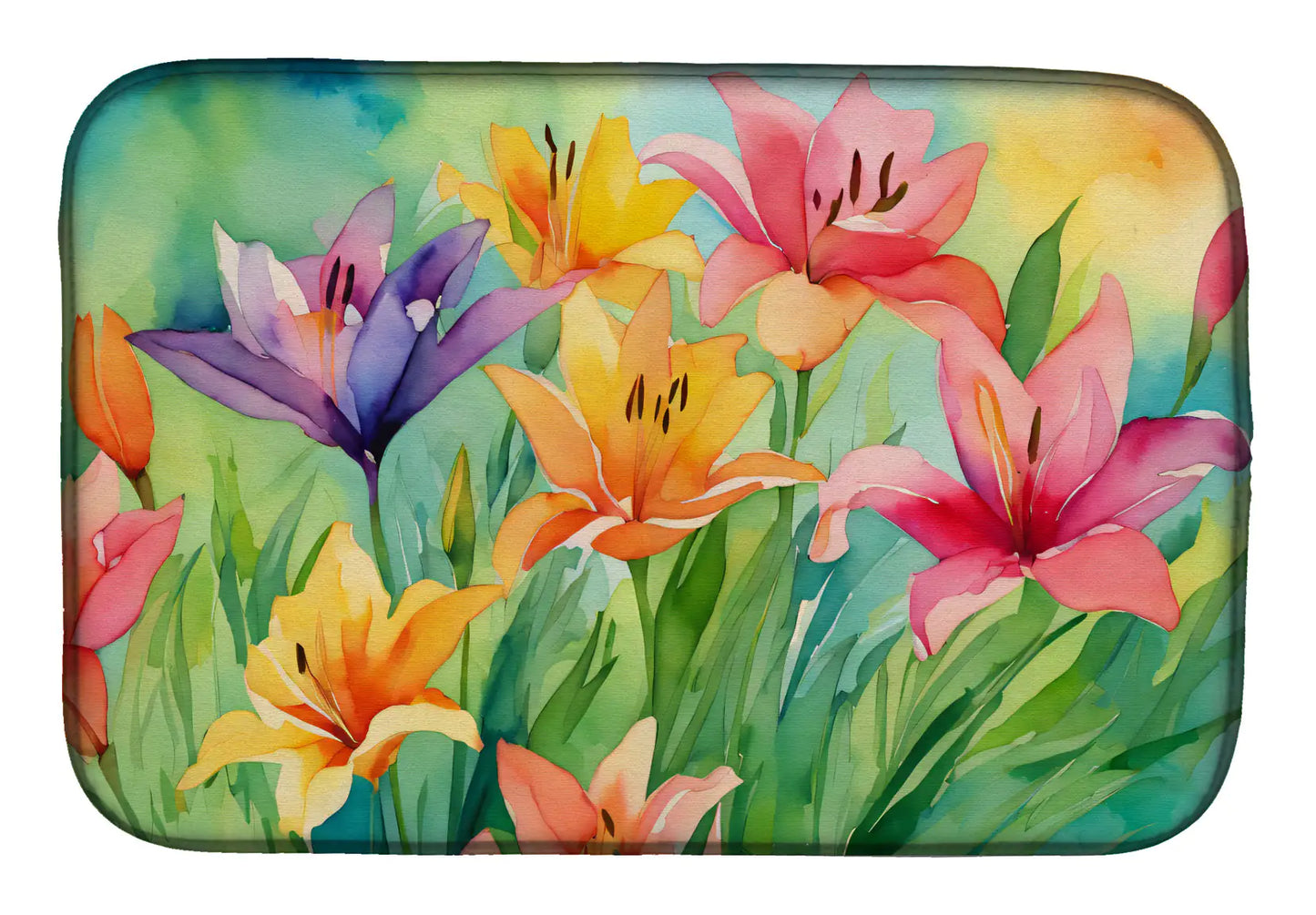 Lilies in Watercolor Dish Drying Mat