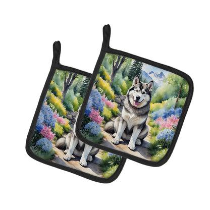 Alaskan Malamute Spring Garden Pair of Pot Holders