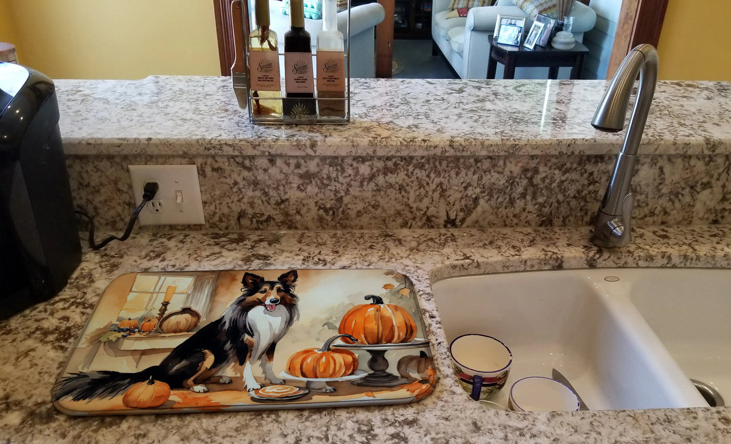 Collie Fall Kitchen Pumpkins Dish Drying Mat