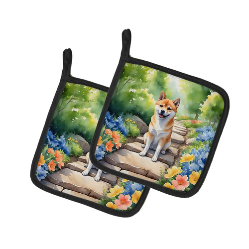 Shiba Inu Spring Path Pair of Pot Holders