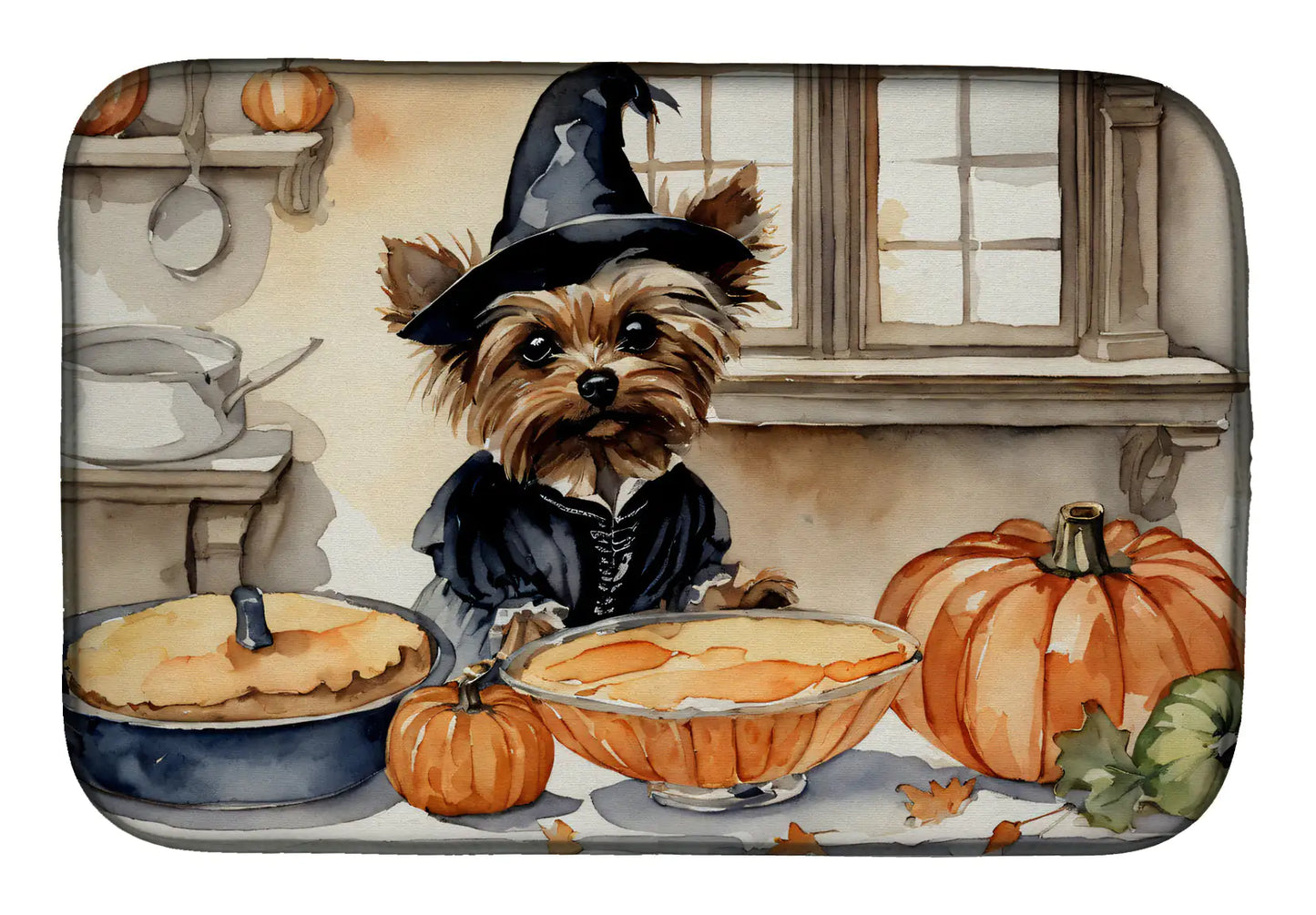 Yorkie Fall Kitchen Pumpkins Dish Drying Mat