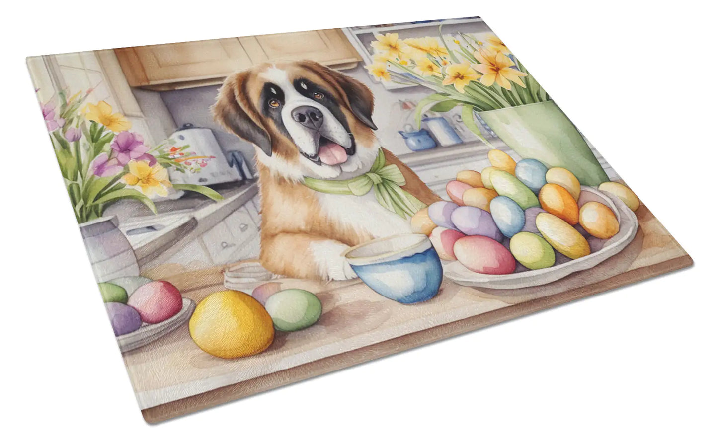 Decorating Easter Saint Bernard Glass Cutting Board