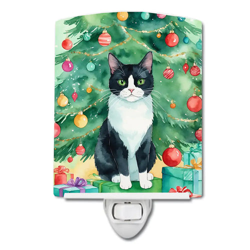 Chantilly Tiffany Cat By the Christmas Tree Ceramic Night Light