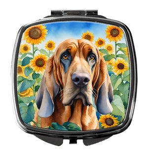 Square compact mirror with dog and sunflower print on lid, silver frame