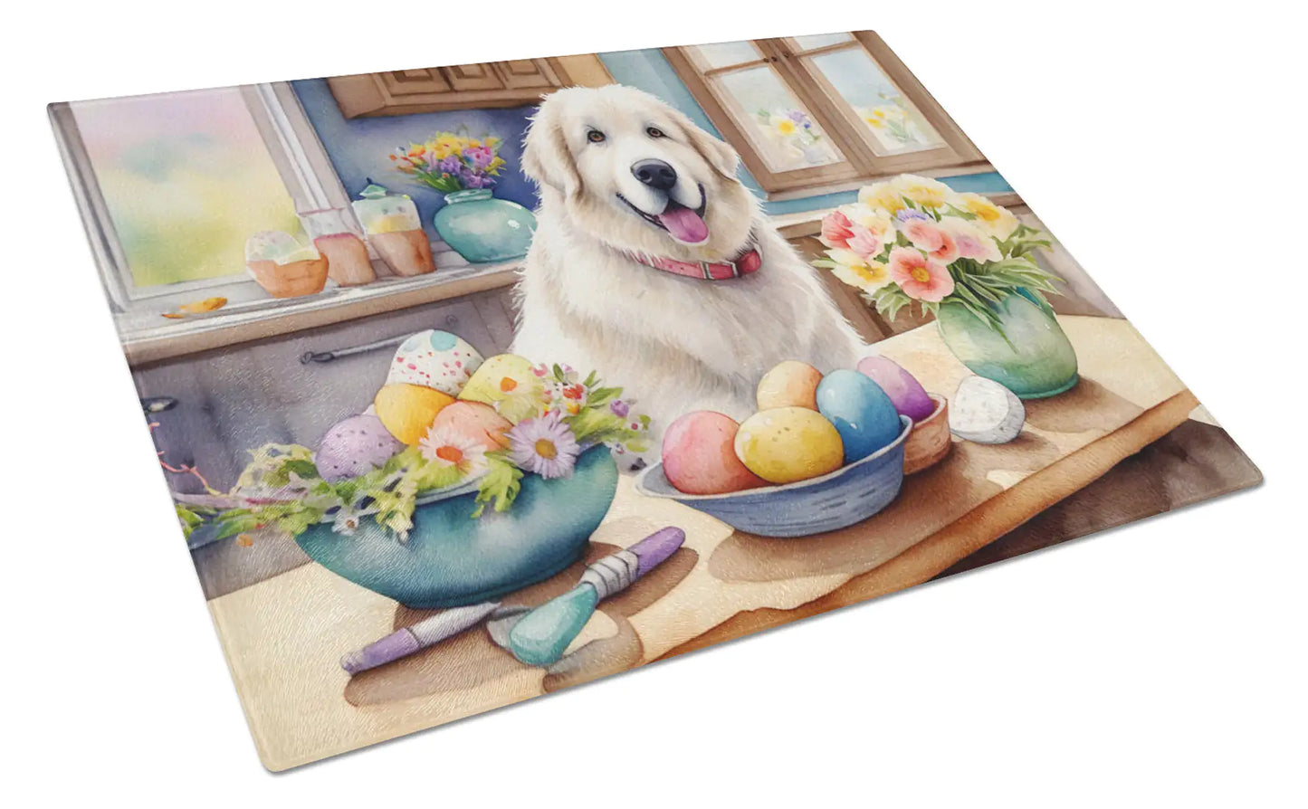 Decorating Easter Great Pyrenees Glass Cutting Board