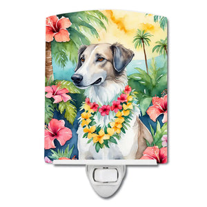 Ceramic night light tile with standing borzoi dog wearing colorful flower garland