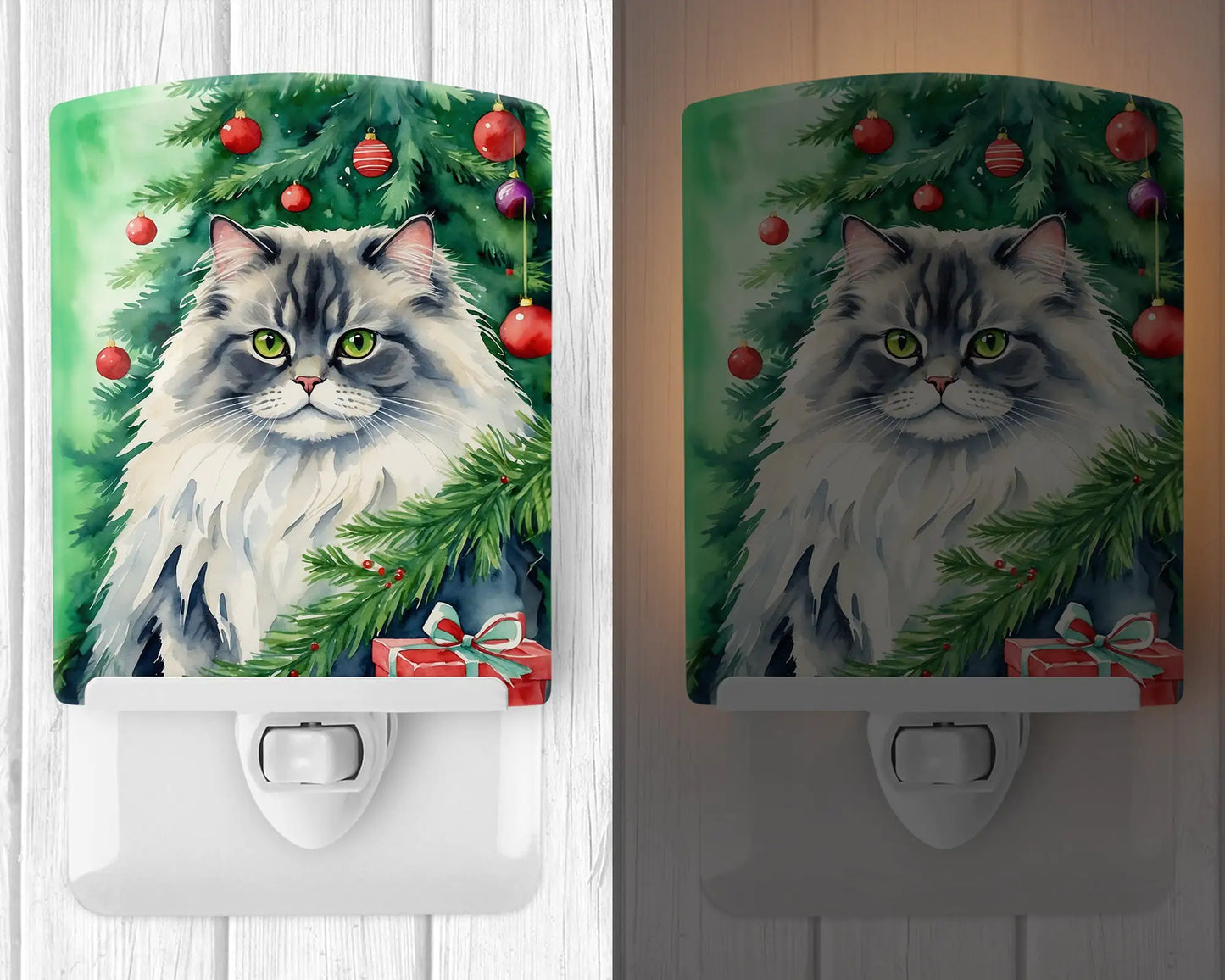 British Longhair Cat By the Christmas Tree Ceramic Night Light