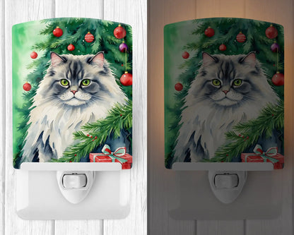 British Longhair Cat By the Christmas Tree Ceramic Night Light