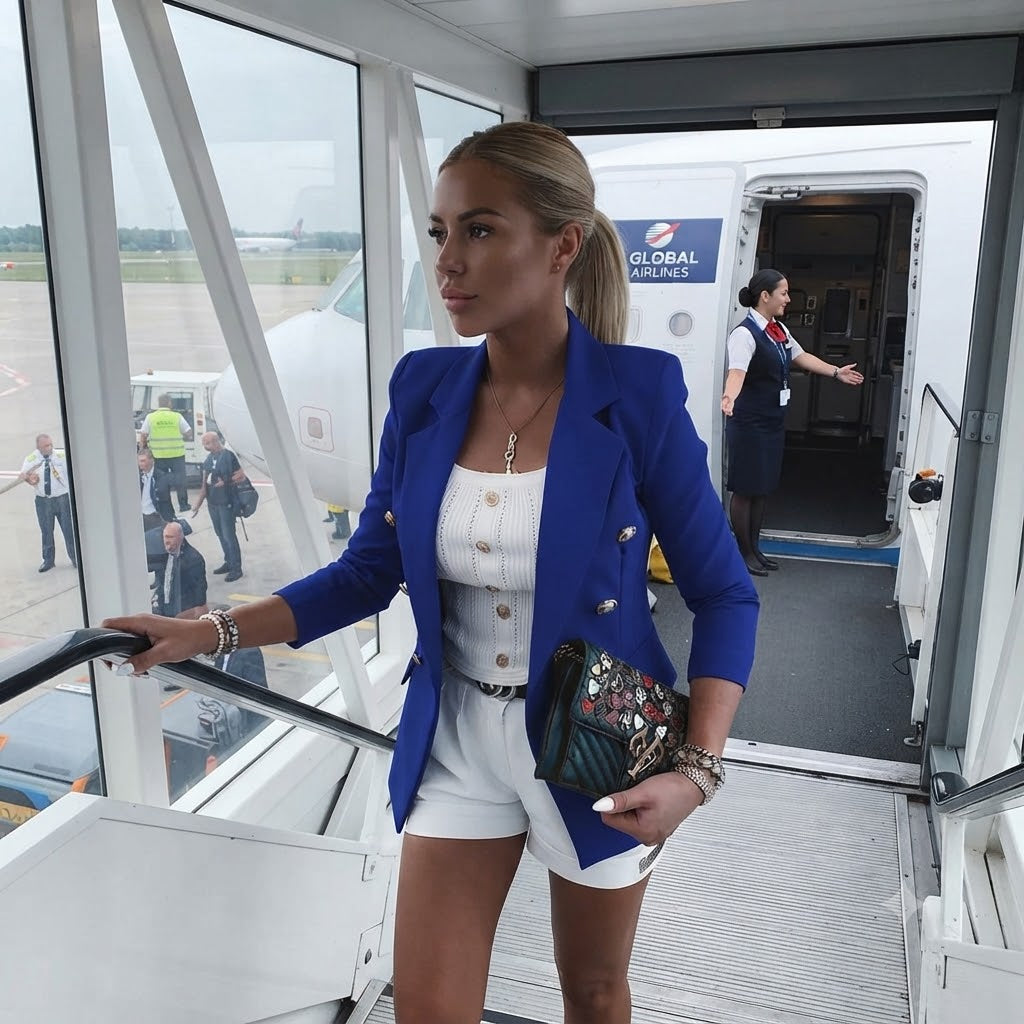 Women's dark blue double-breasted blazer worn over a white top