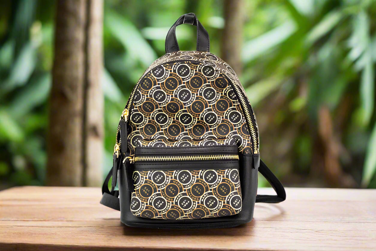 Marc Jacobs Signet Mini Black Logo Printed Leather Backpack