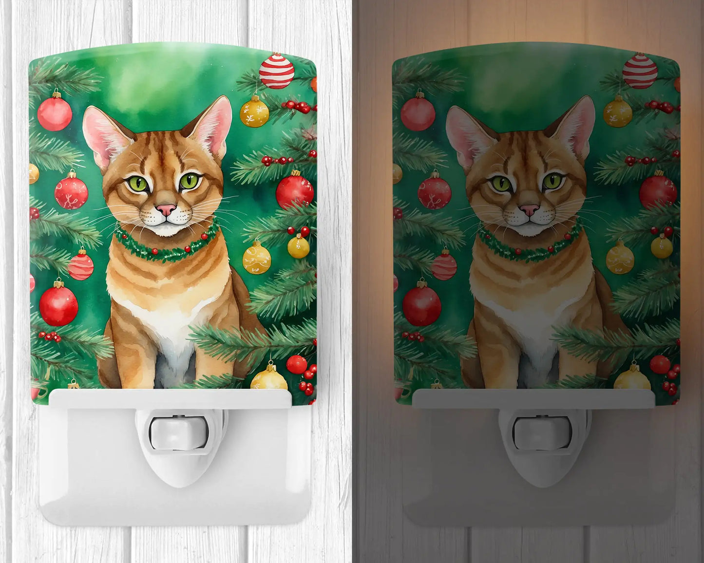 Chausie Cat By the Christmas Tree Ceramic Night Light