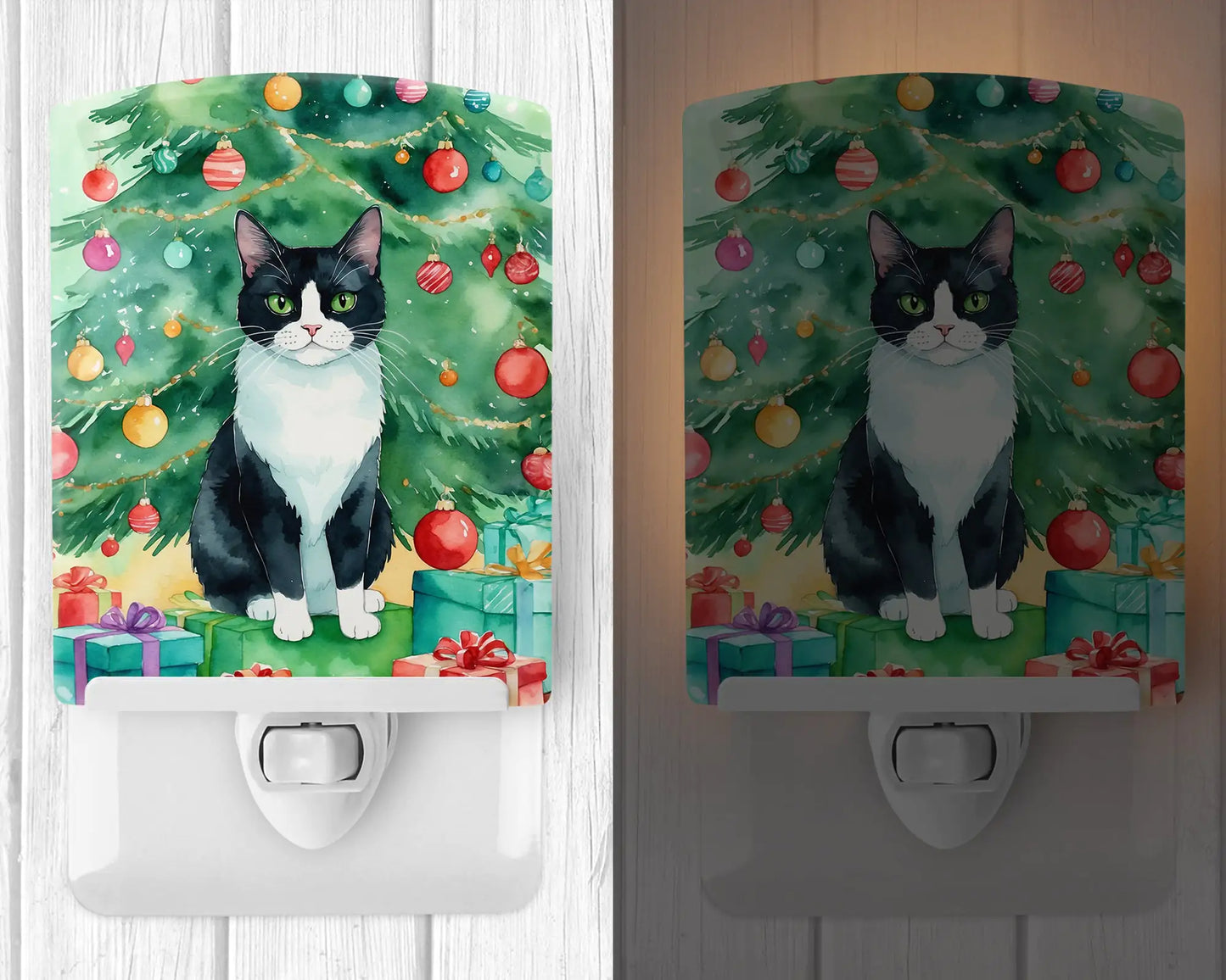 Chantilly Tiffany Cat By the Christmas Tree Ceramic Night Light