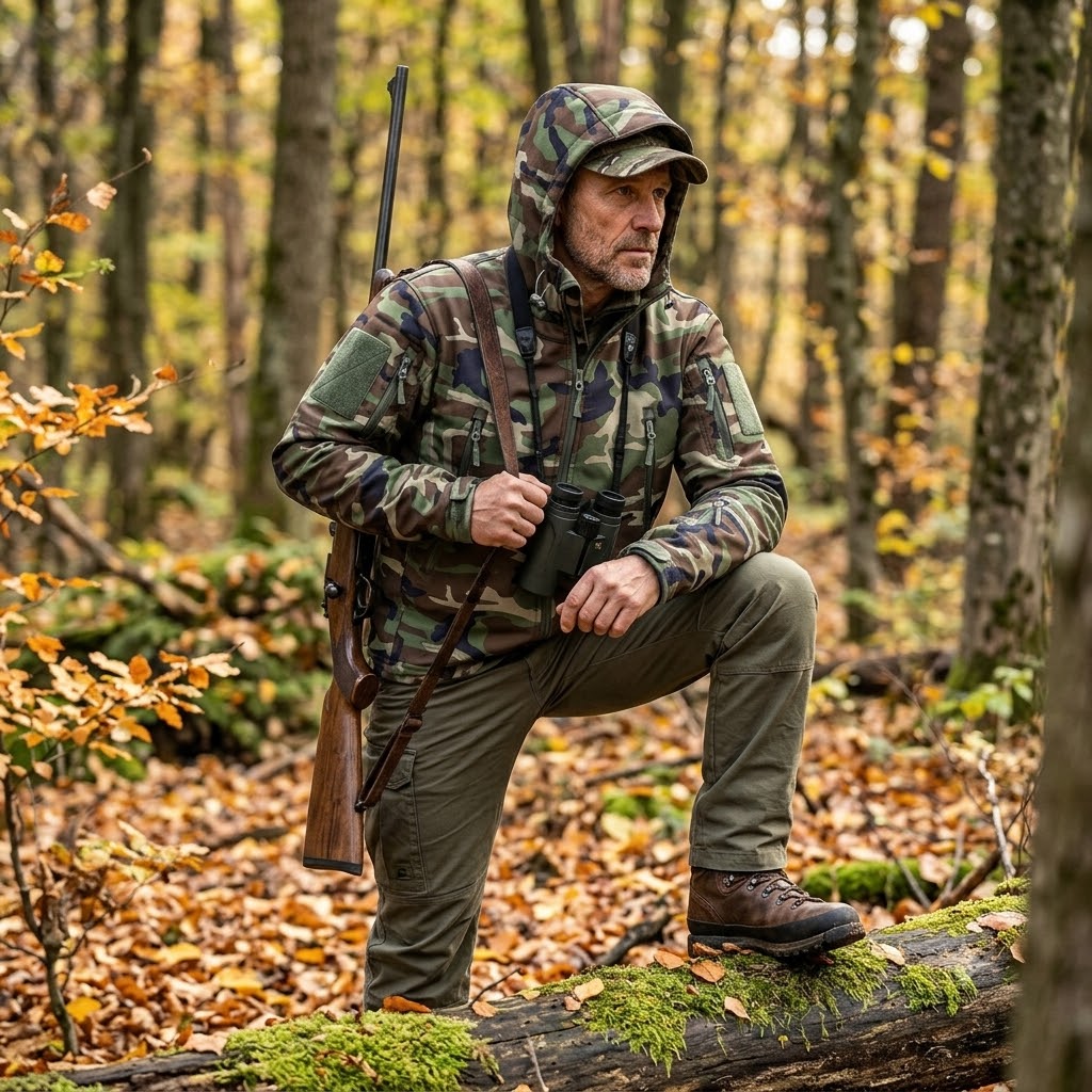 Men's green camouflage tactical jacket with hood, front zipper, and drawstring hem