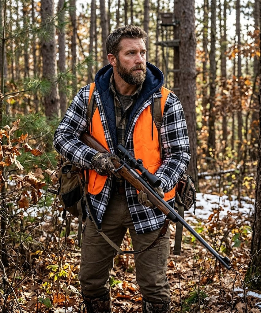 Men's hooded plaid padded coat, dark blue check, zip-front with quilted body