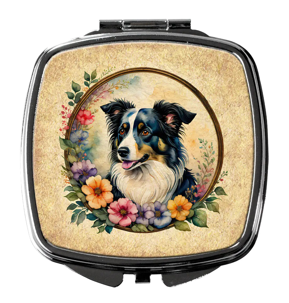 Border Collie and Flowers Compact Mirror