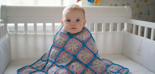 Handmade Granny Baby Blanket Square of Multi Baby, n Pinks, with Teal Border Patchwork