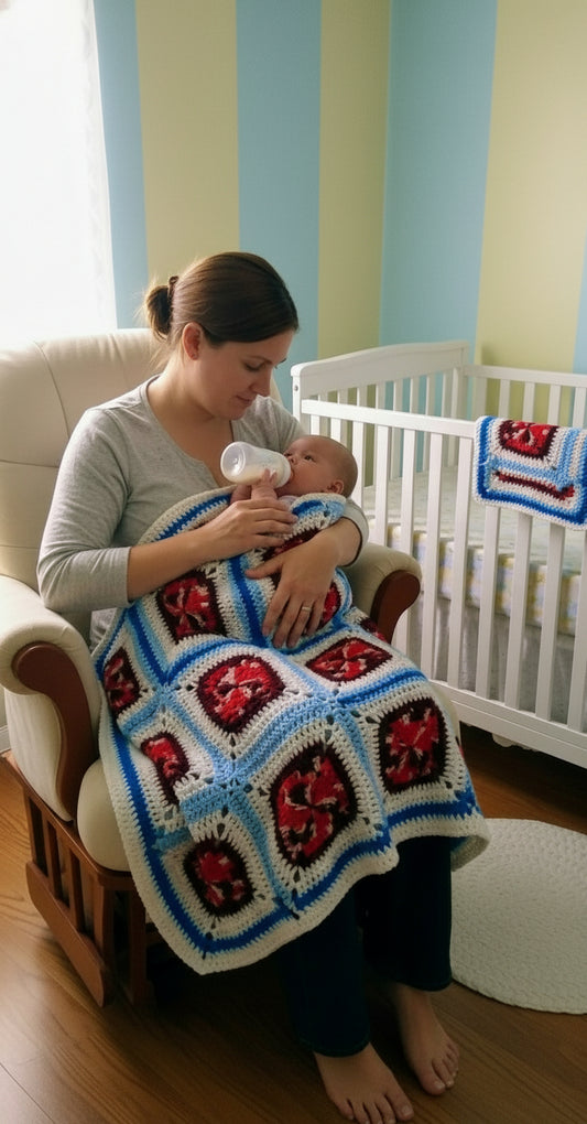Handmade Granny Square hand crochet of Multi Reds Whites Light Blues Blues White Border Baby Blanket