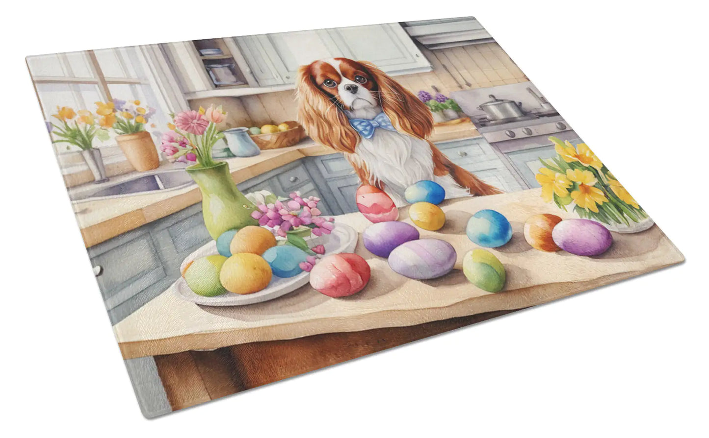 Decorating Easter Cavalier Spaniel Glass Cutting Board