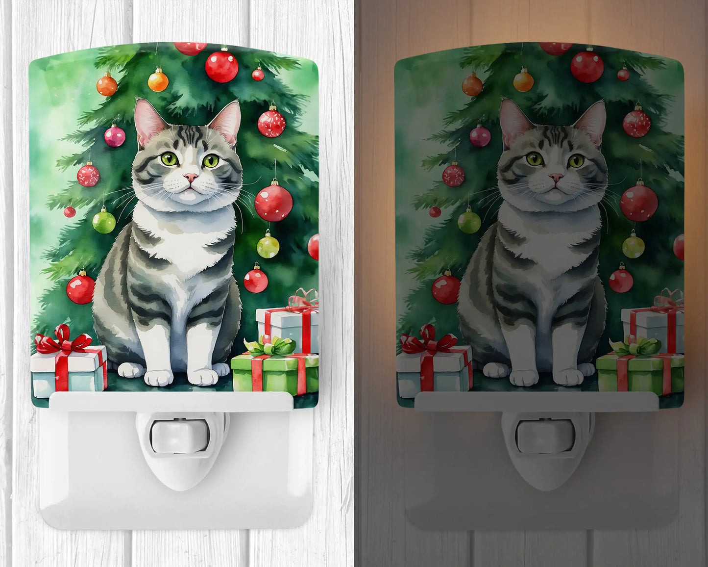 Korean Bobtail Cat By the Christmas Tree Ceramic Night Light