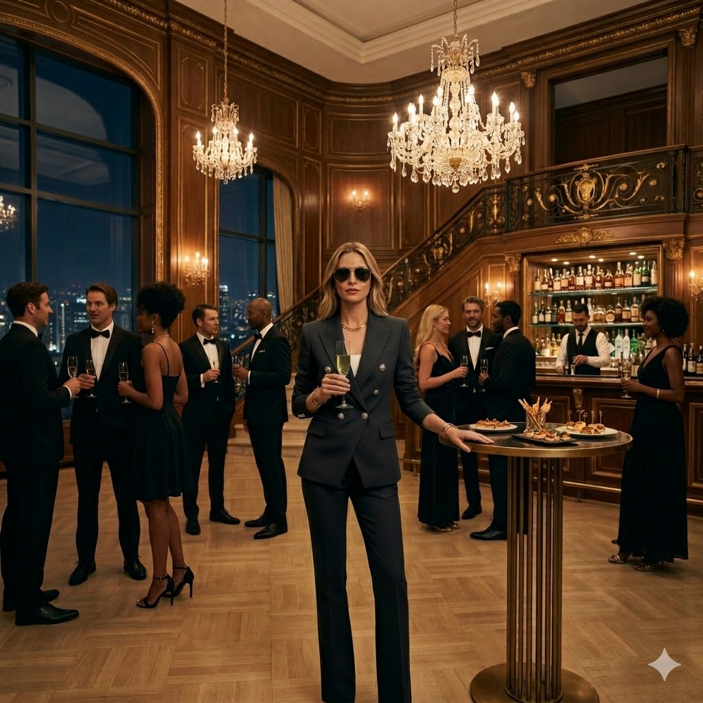 Women’s suit jacket and trousers set, button-front lapels, dark blue