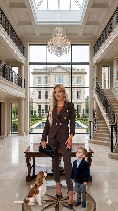 Dark brown women's suit blazer with lapels and matching slim trousers, standing pose.