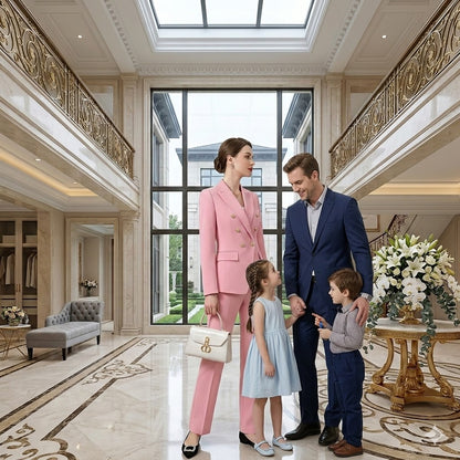 Pink women's suit blazer with lapels and matching slim trousers, standing pose.