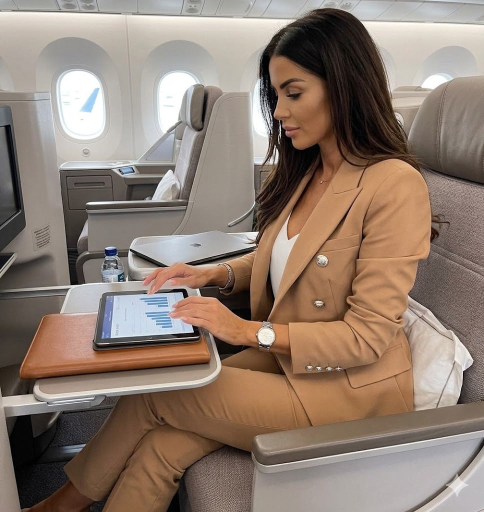 Tan women's suit blazer with lapels and matching slim trousers, seated with tablet.