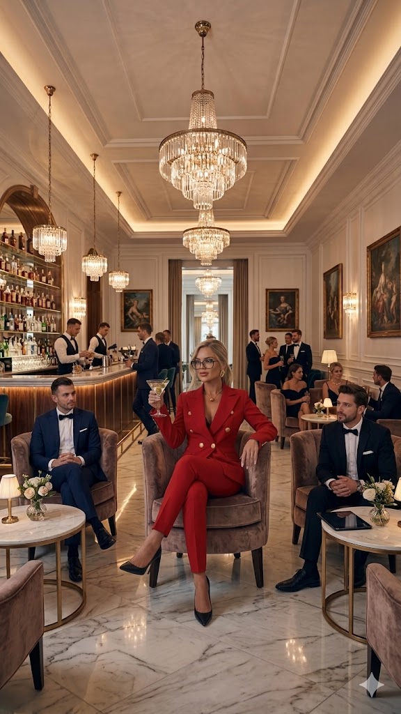 Women's red button-front suit jacket with matching slim trousers, tailored business set.