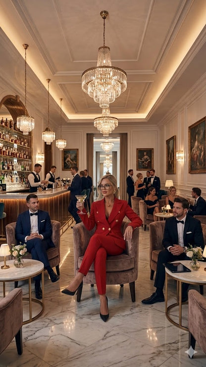 Women's red button-front suit jacket with matching slim trousers, tailored business set.