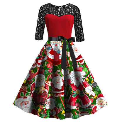 Women's Long Sleeve Stitching Christmas Dress