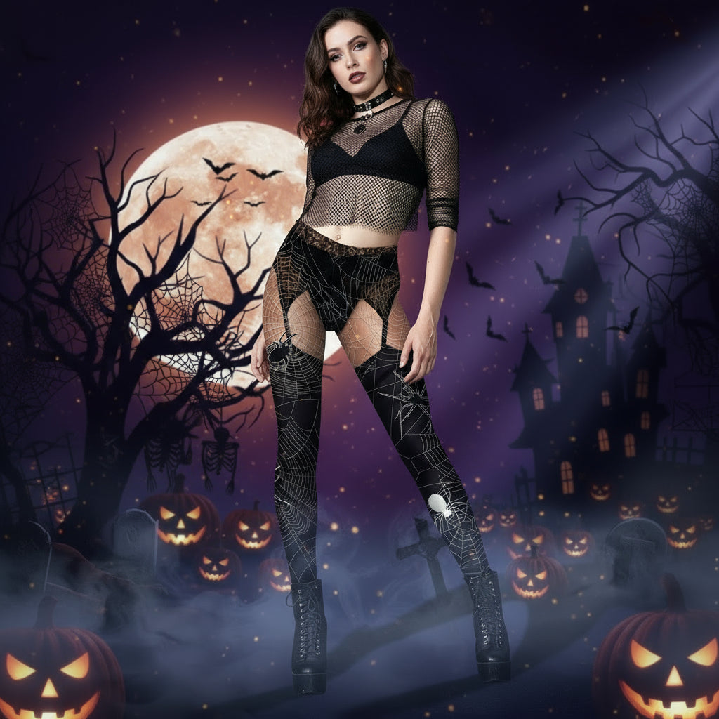 Skull Spider Web Printed Tight Leggings