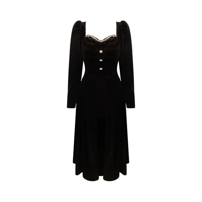 Velvet Dress Slim Fit Slimming French Gold Long Sleeve Dress