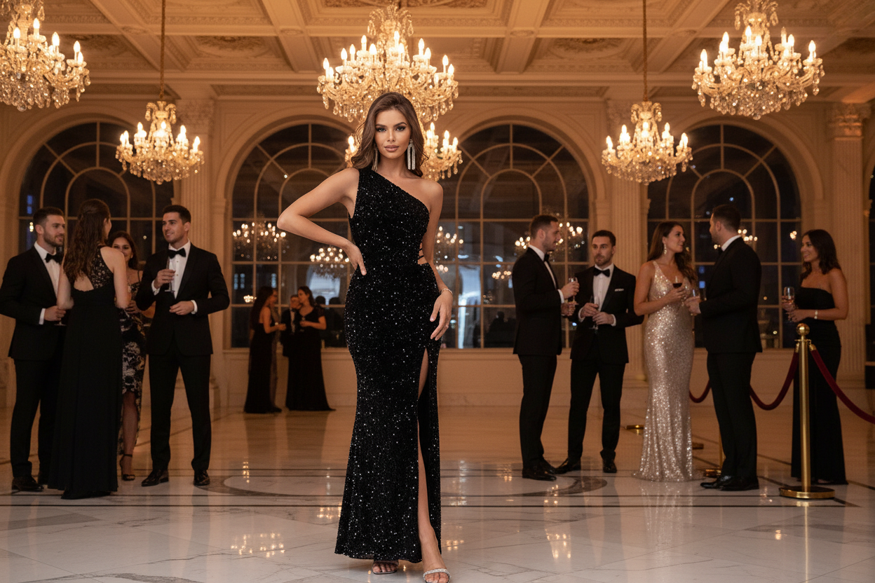 Black one-shoulder sequin evening dress with fitted mermaid silhouette