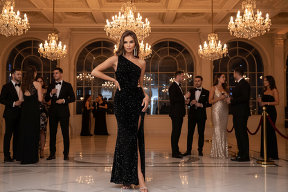 Black one-shoulder sequin evening dress with fitted mermaid silhouette