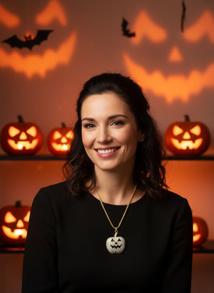 Pumpkin ghost pendant necklace with gold chain and round jack-o-lantern charm
