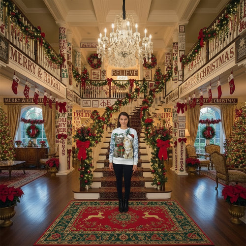 Cat Christmas Digital Printing Round-neck Pullover