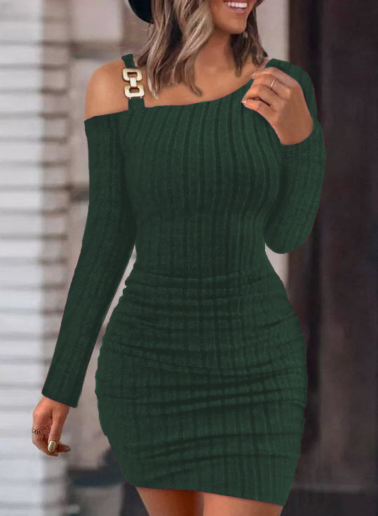 Solid Color Metal Buckle  Sheath Sexy Long Sleeve Dress