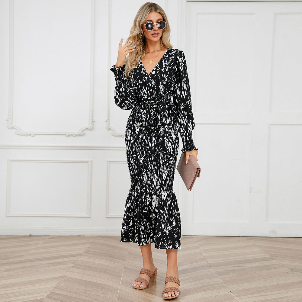 Slim-fit Temperament V-neck Belt Printed Long Fishtail Dress