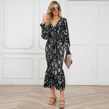 Slim-fit Temperament V-neck Belt Printed Long Fishtail Dress